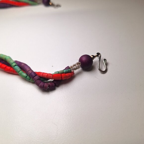 Wooden Necklace 24 Inch Vintage Handmade Tube Beads Triple Strand Hook Clasp - Picture 6 of 10